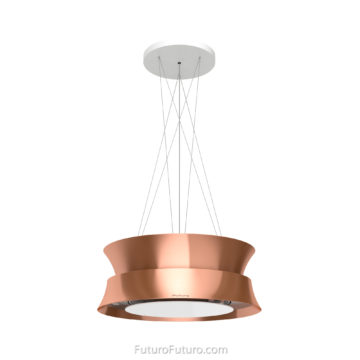 Copper + glass vent hood | Modern island range hood | black kitchen island ceiling mount range hood