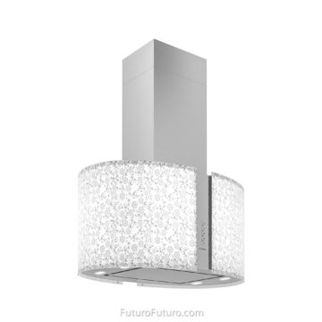 Modern glass ceiling mount range hood | Designer kitchen island hood