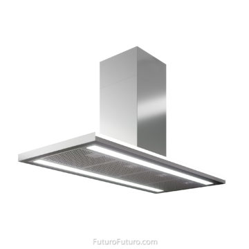 Fluorescent light accent strip island range hood | Contemporary ceiling mount range hood