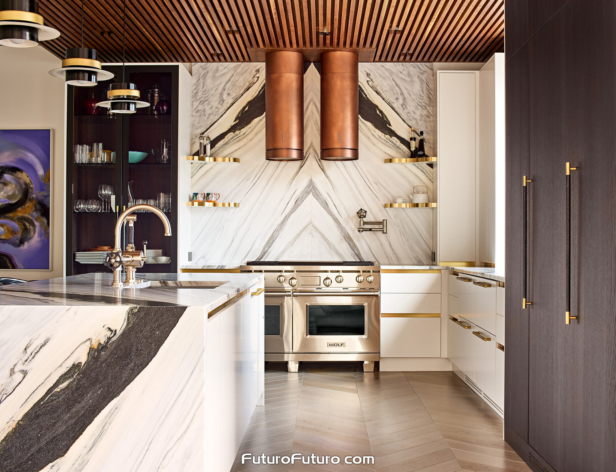Two custom copper Futuro Futuro 14 inch Jupiter island range hoods hang side by side over a stainless Wolf range. Bookmatched white marble with dark veining fills the wall behind them, with brass shelves, a pot filler, and a marble island in this Charlotte, North Carolina kitchen.
