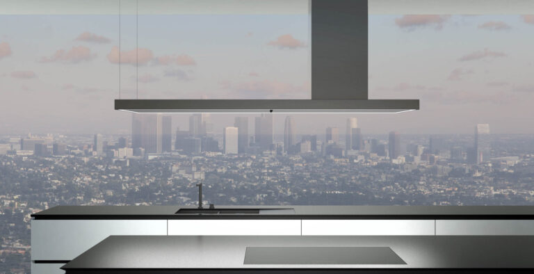 Futuro Futuro 69-inch Turo Black island range hood in a luxury modern kitchen installation over a kitchen island
