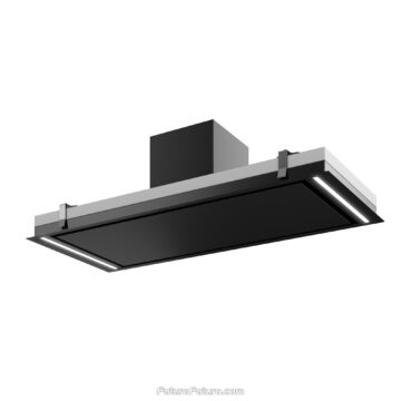 Low kitchen angle on a luxury black recessed ceiling range hood among spots and a linear ceiling fixture. Charcoal cabinets, stone, slat wall. 50 inch ceiling range hood as a dark architectural rectangle.