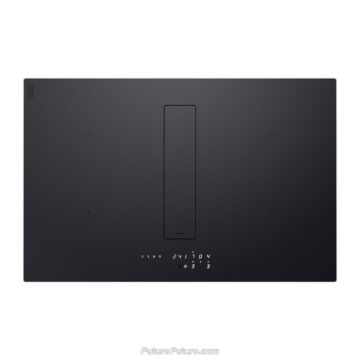 Portofino luxury downdraft induction cooktop in dark backdrop close-up of steam entering intake. Matte black 32 inch surface with integrated ventilation for high-end open kitchens, SKU HB32PORTOFINO-BLKM