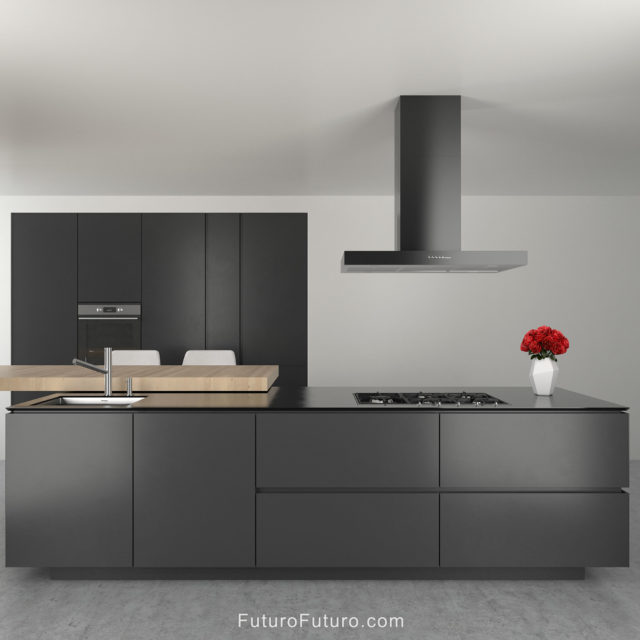 Designer kitchen island range hood | Black kitchen cabinets range hood