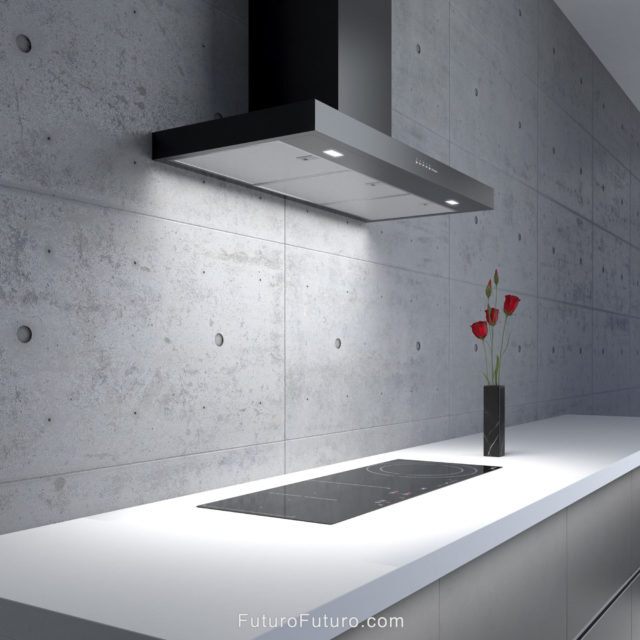 White kitchen countertops wall mount range hood | Induction cooktop black range hood