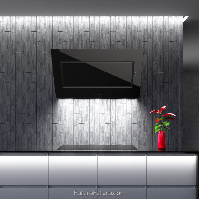 White kitchen cabinets vent hood | Black wall mount range hood