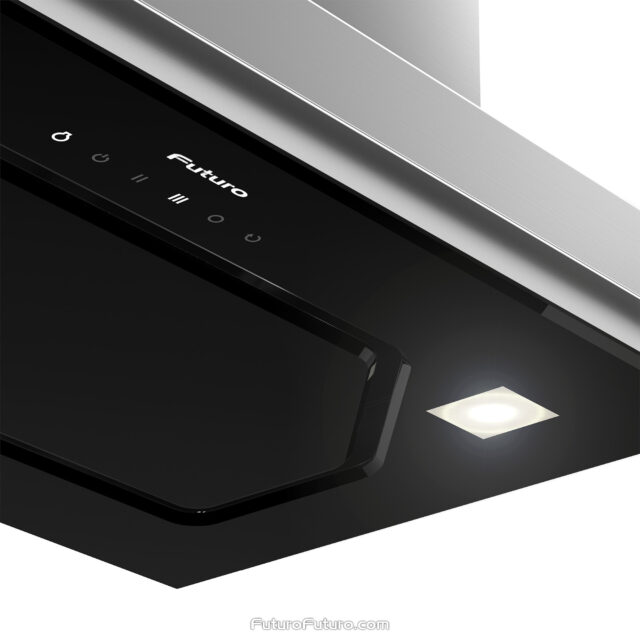 Top-down view of the Bravia Black insert range hood's stainless steel body.