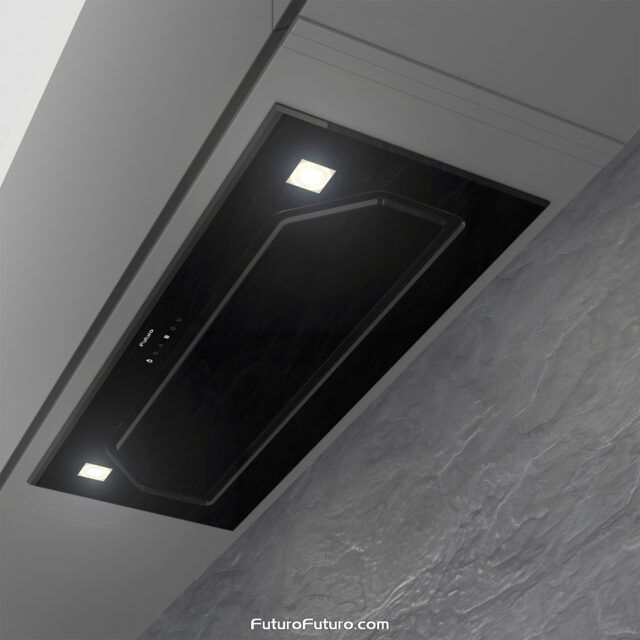 Modern black stainless steel range hood with dishwasher-safe filters for easy maintenance.