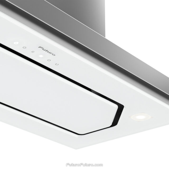 Bravia White Insert Range Hood with perimeter suction system for powerful ventilation.