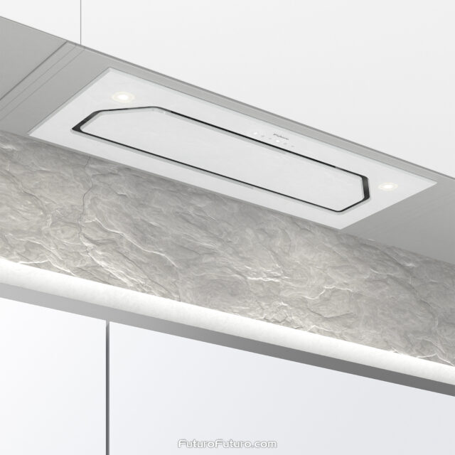 Bravia White Insert Range Hood with perimeter suction system for powerful ventilation.