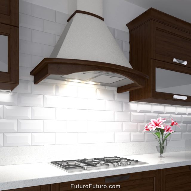 White kitchen cabinets range hood | recirculating vent hood