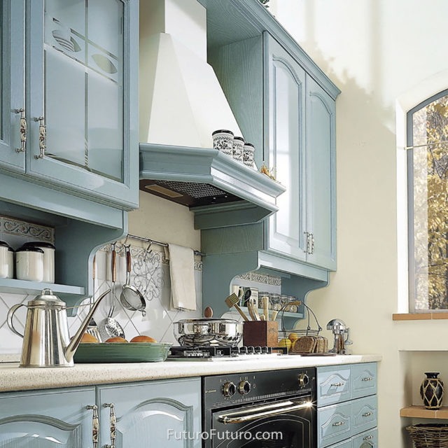 blue kitchen cabinets oven hood | kitchen custom range hoods
