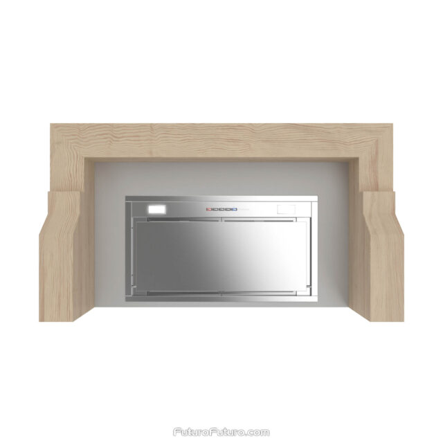 Futuro Futuro 36-inch Sphinx Wall Range Hood showcasing a perfect blend of stainless steel and wood.