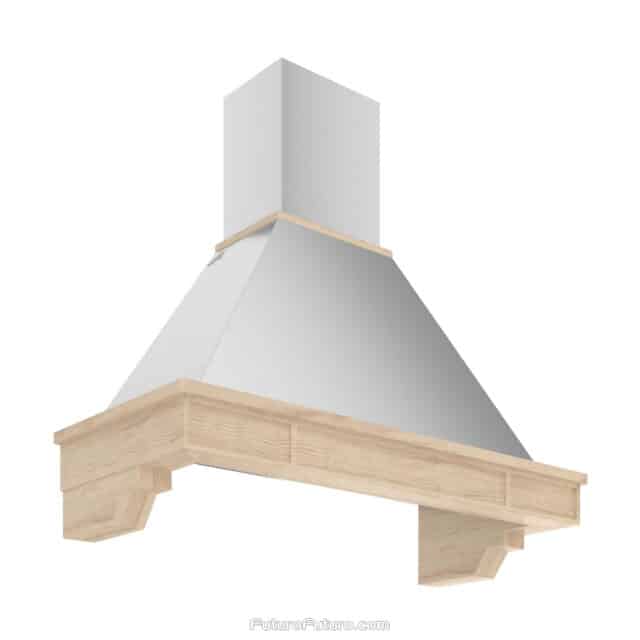 Side view of the 48-inch Sphinx Wall Range Hood showing the blend of materials and elegant design.