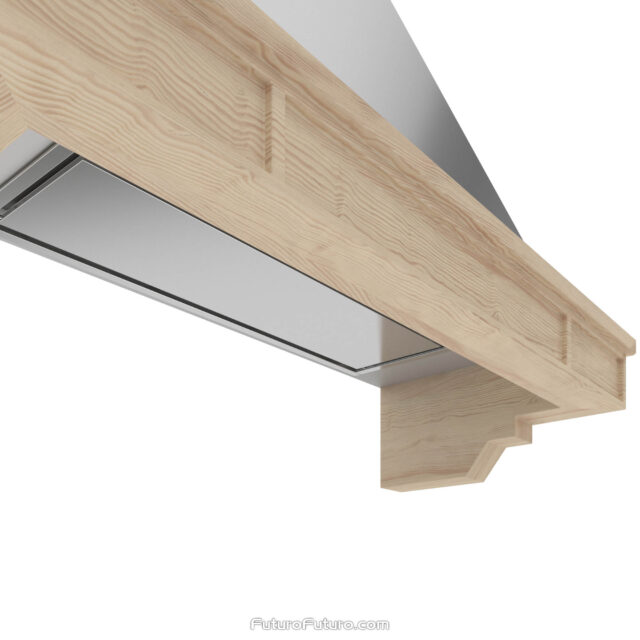 Close-up view of the stainless steel and wood design of the 48-inch Sphinx Wall Range Hood.