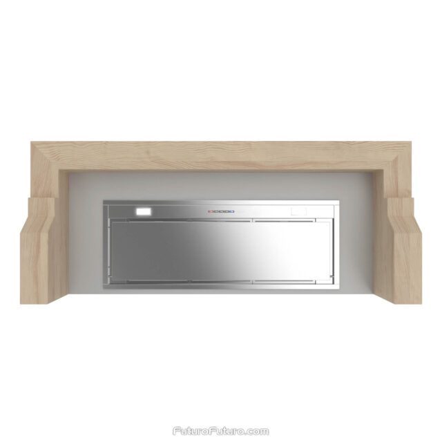 48-inch Sphinx Wall Range Hood with a minimalist wooden frame design.