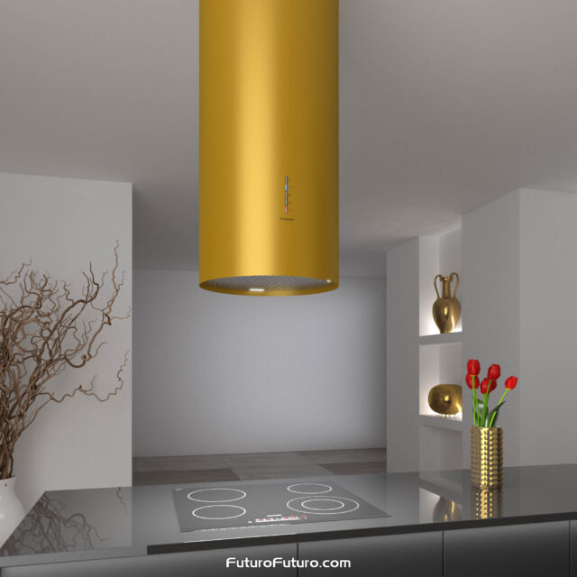 Island vent hood with sleek gold finish, made for the modern kitchen