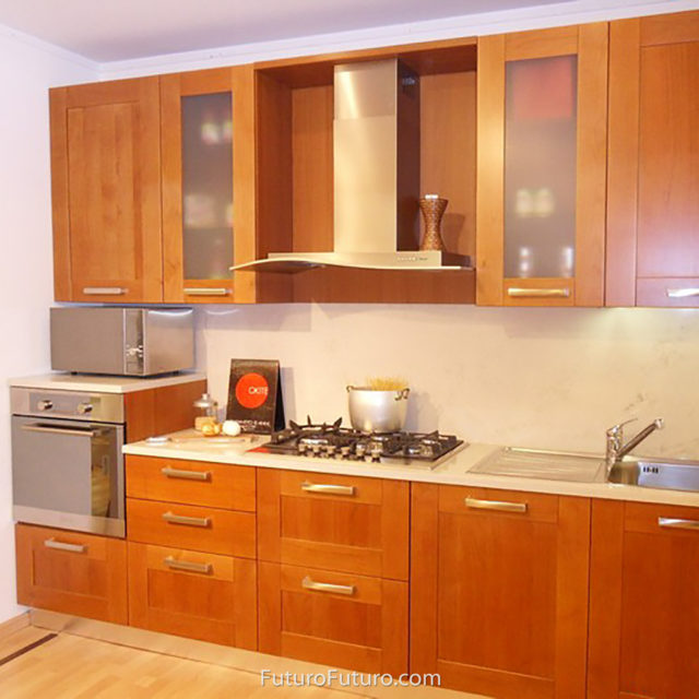 Brown cabinets black countertops kitchen vent hood | Stainless steel wall mount range hood