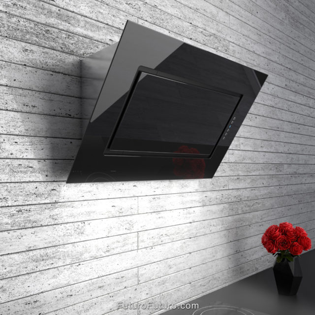 Black glass wall mount range hood | Black designer kitchen hood