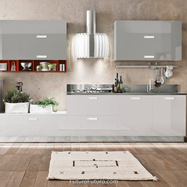 Illuminated White kitchen range hood | White kitchen cabinets oven hod