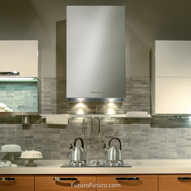 White granite countertops stove hood | Box style stainless steel kitchen vent hood