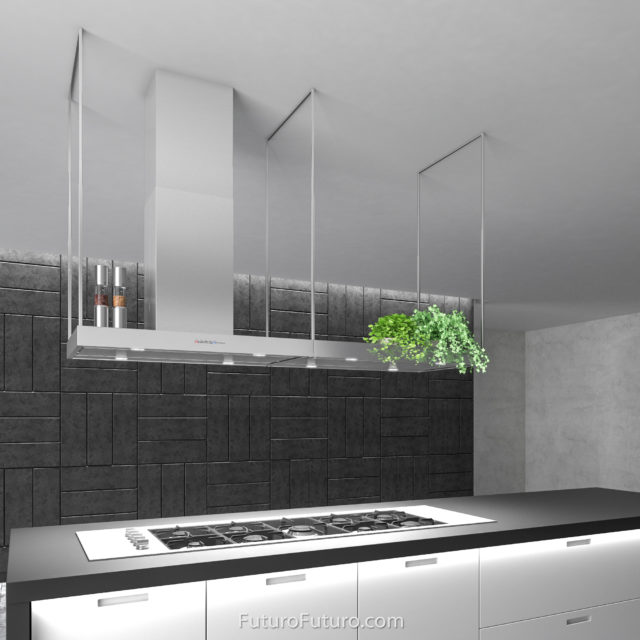 Modern kitchen ceiling mount range hood | Innovative stove hood