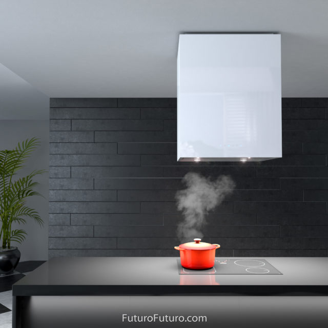 Modern countertop kitchen range hood | White glass kitchen hood vent