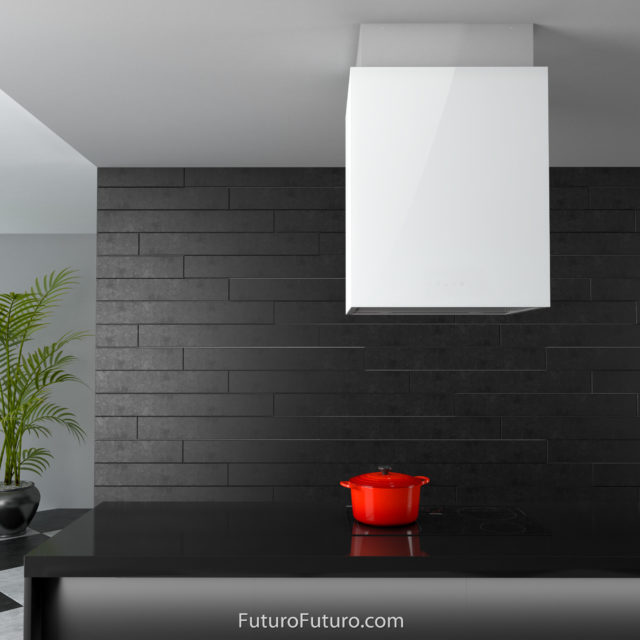 Contemporary cubist design island vent hood | Black quartz countertops range hood