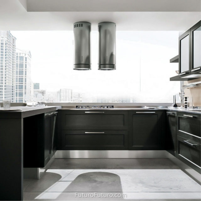 Black kitchen cabinets recirculating range hood | Ceiling mount ductless range hood