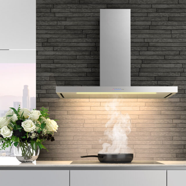 Sleek stainless range hood with energy-efficient lights