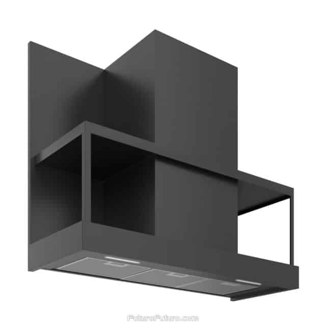 Sleek black range hood from Futuro Futuro mounted on a kitchen wall.