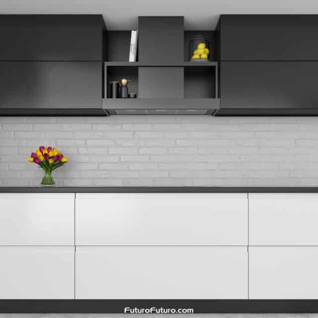 Gunmetal finish wall range hood in a sleek kitchen