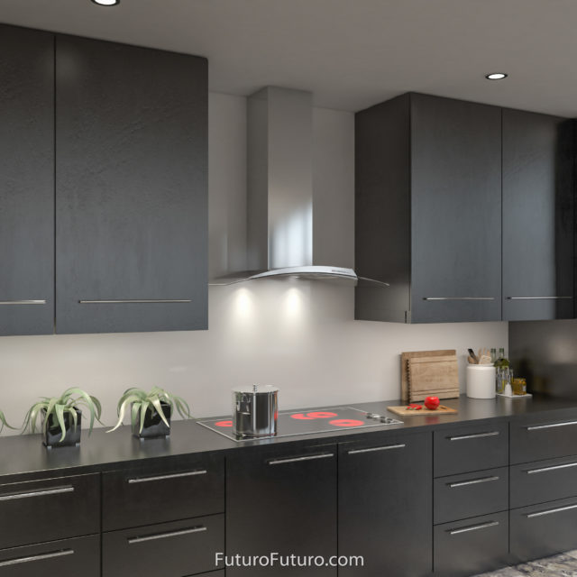 Modern black kitchen cabinet stove hood | ducted kitchen hood vent