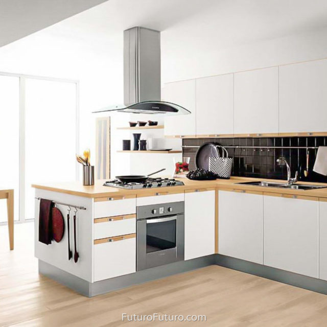 White kitchen cabinets island hood | Modern ceiling mount range hood
