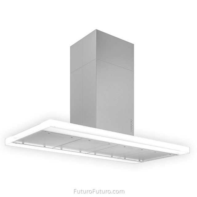 Bright white perimeter light island range hood | White glass kitchen hood