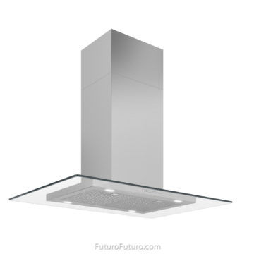 Contemporary kitchen cabinets ceiling mount range hood | designer glass kitchen exhaust hood