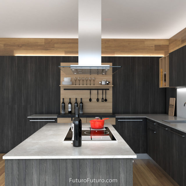 Gray kitchen cabinets ceiling mount range hood | Island range hood