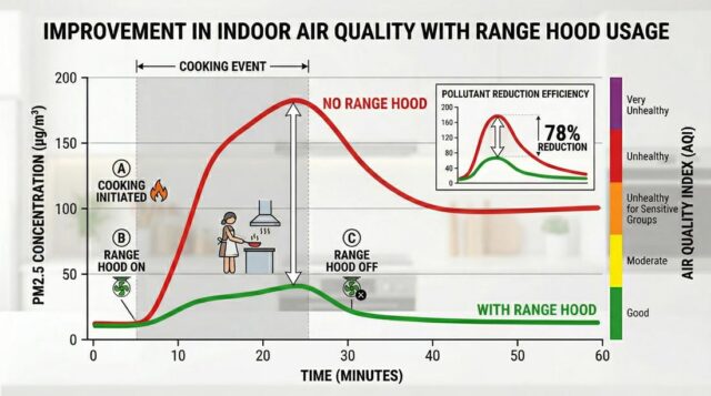 Range Hood Air Quality Impact Graph Line graph showing a 78% reduction in indoor air pollutants when using a range hood during a 60-minute cooking event.