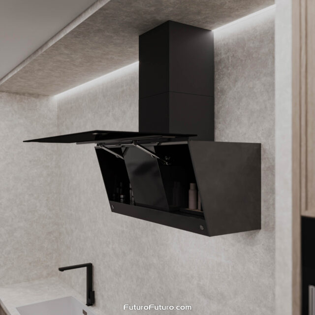 Wall-mounted black hood for efficient ventilation.