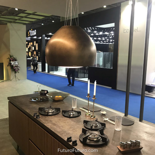 aesthetic design brass island range hood | modern kitchen range hood