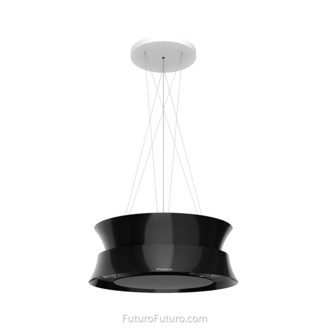 black ceiling mount range hood | designer kitchen hood