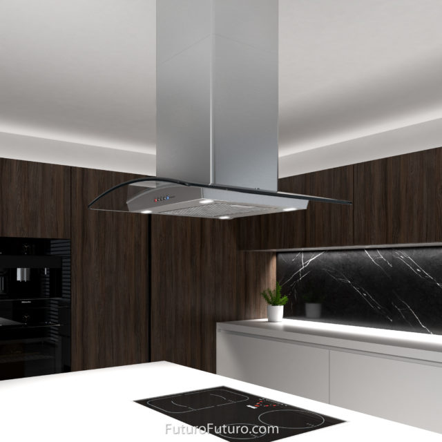 White kitchen cabinets ceiling mount range hood | island range hood