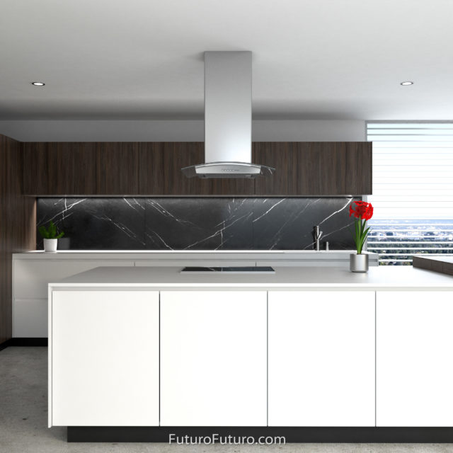 Contemporary kitchen cabinets ceiling mount range hood | designer kitchen exhaust hood