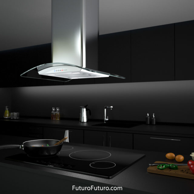 Black kitchen cabinets ceiling mount range hood | island range hood