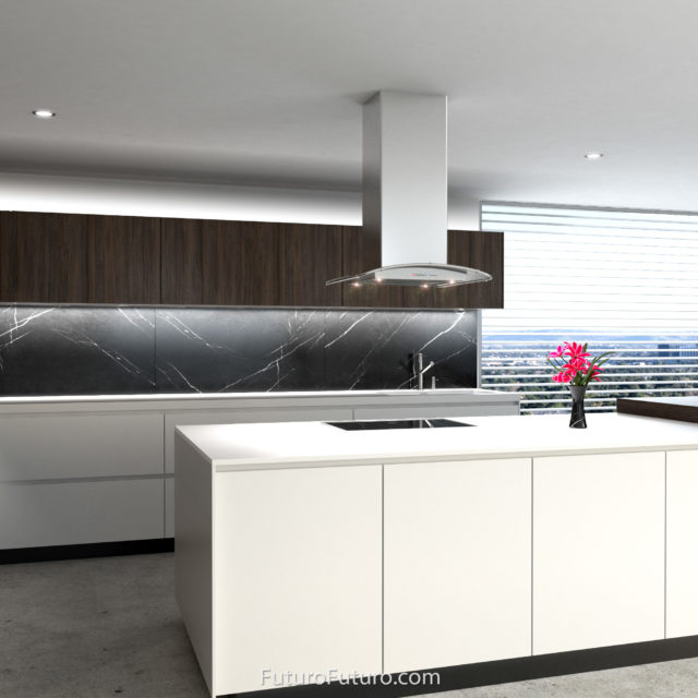 White kitchen cabinets island range hood | Modern countertop range hood