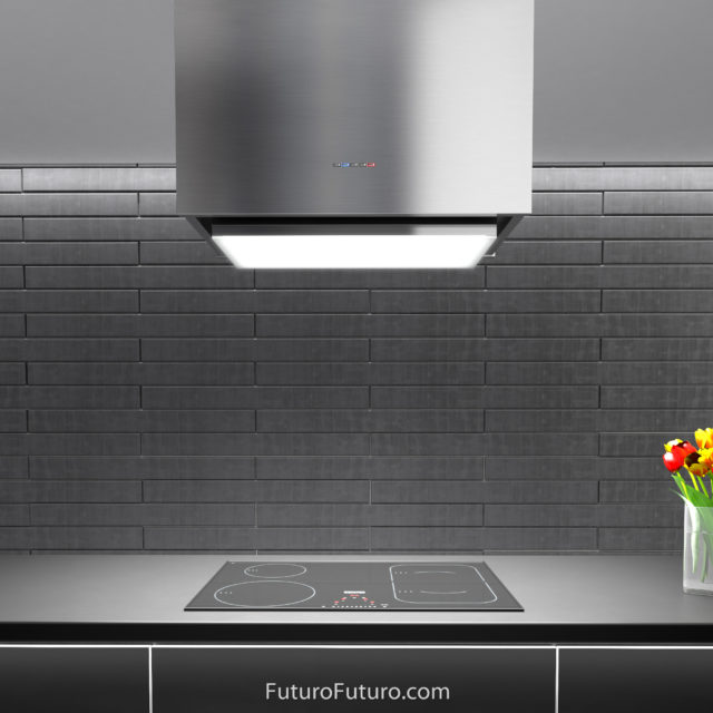 Modern stove hood | Black countertop stainless steel range hood