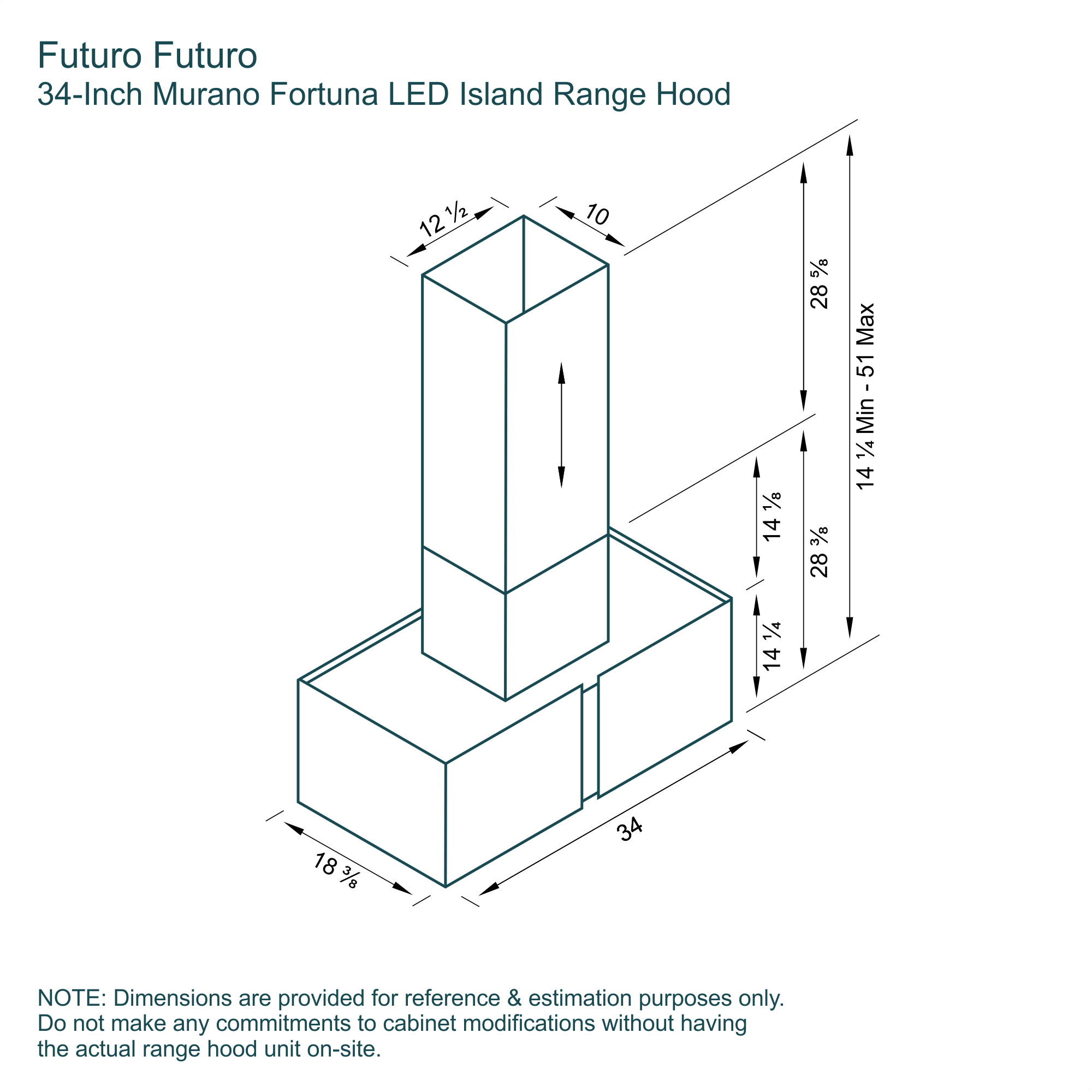 34″ Murano Fortuna LED Island Range Hood 24 Dimensions 34 inch Murano Fortuna island range hood