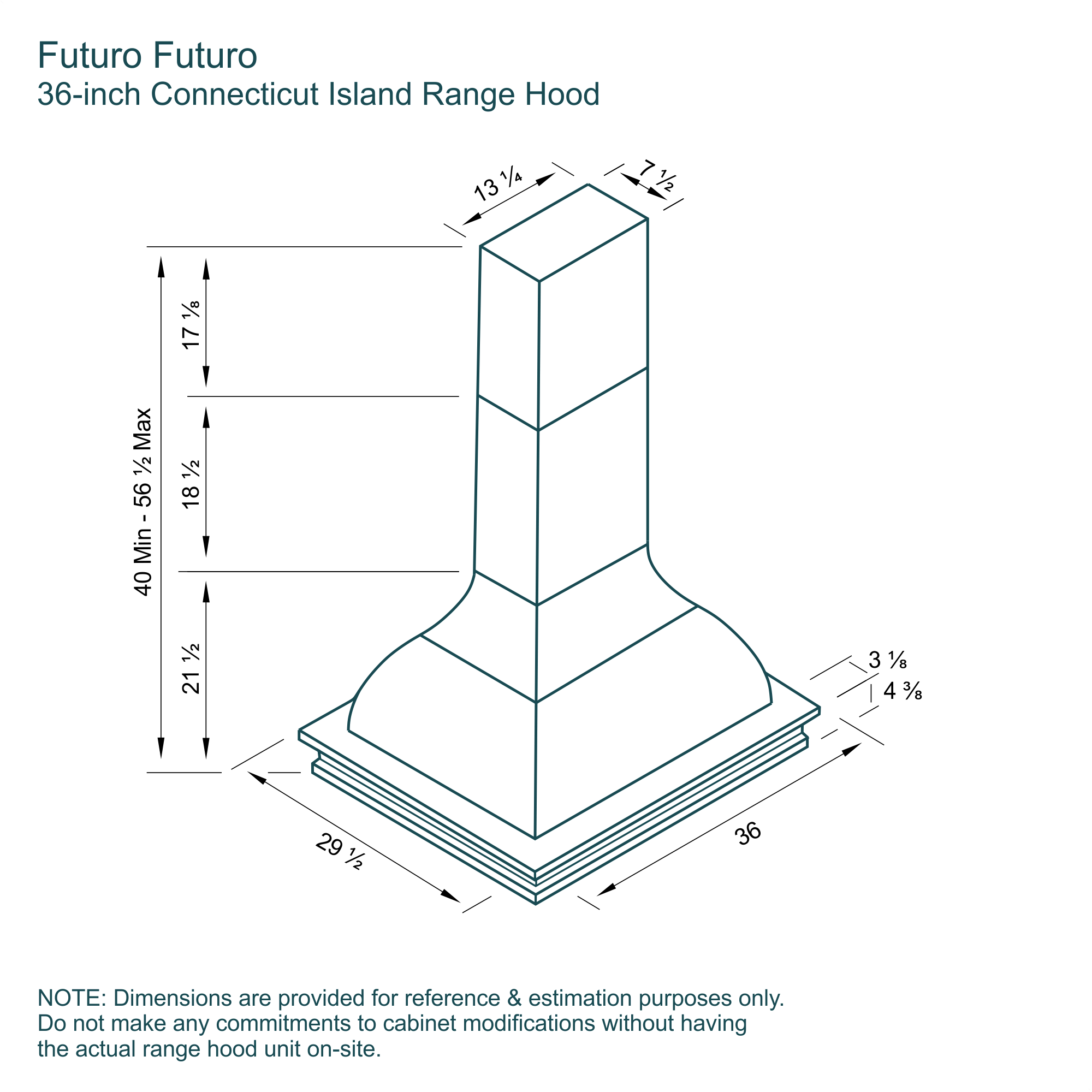 36″ Connecticut Island Range Hood 19 Dimensions 36 inch Connecticut island range hood