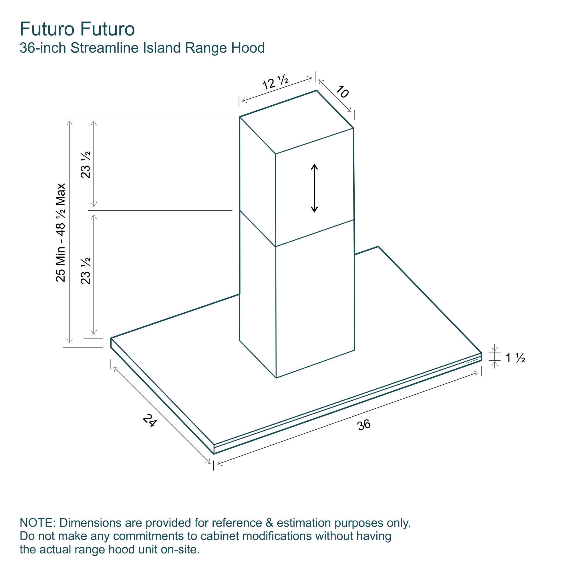 36″ Streamline Island Range Hood 19 Teal isometric dimension drawing of the 36 inch Streamline island range hood on white, labeling a 36 by 24 by 1.5 inch canopy, 12.5 by 10 inch chimney, and 25 to 48.5 inch telescopic height. Measured luxury 1.5 inch canopy and telescopic chimney for a designer elevation.