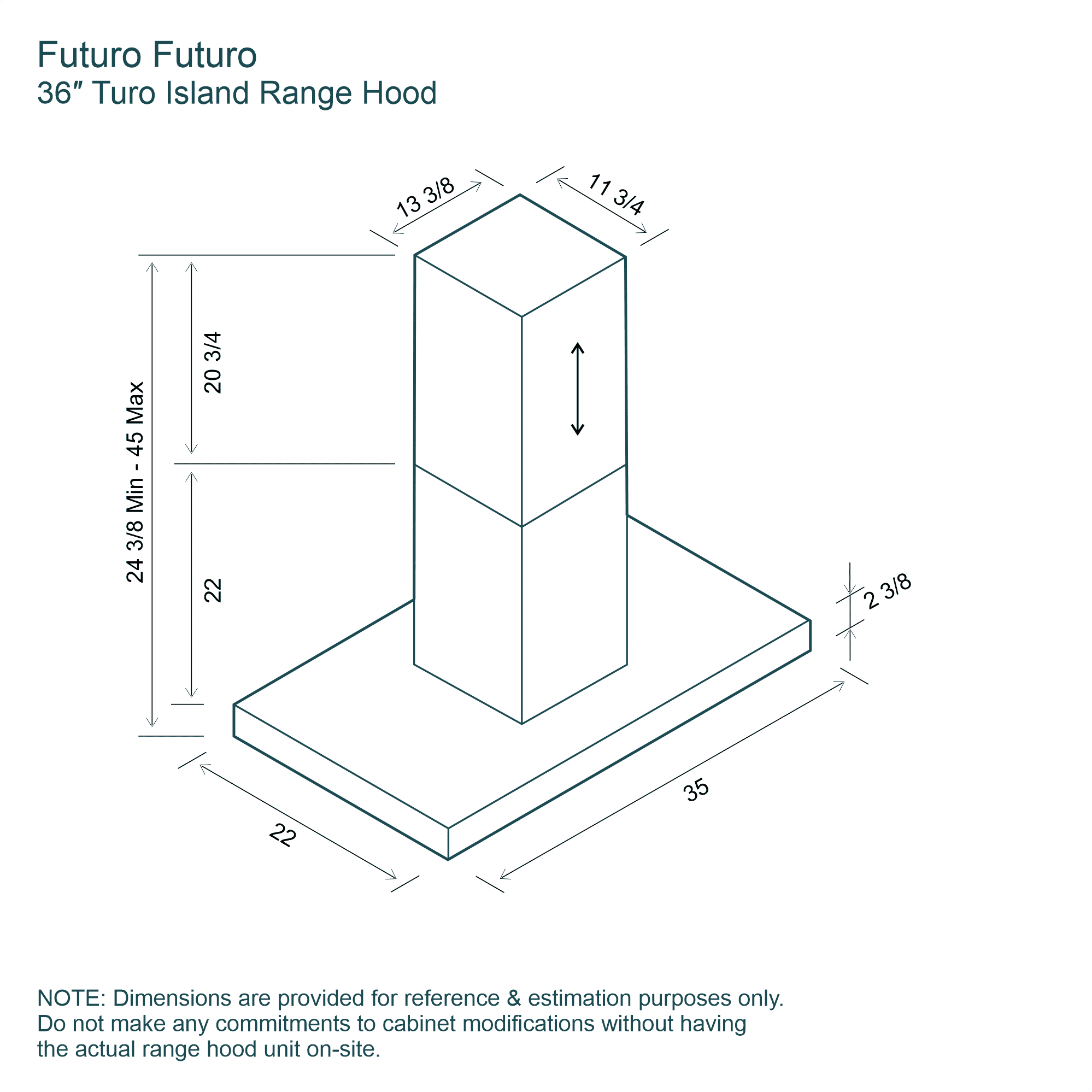 36″ Turo Black Island Range Hood 20 Isometric dimension drawing of a 36 inch island range hood. Canopy 35 inches wide, 22 inches deep, 2 3/8 inches thick. Chimney 11 3/4 by 13 3/8, telescopic height about 24 3/8 to 45 inches. White field. Luxury ceiling mount spec sheet.